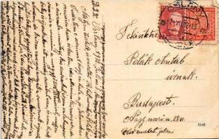 1932 Oszlány, Oslany; Rim. kat. kostol / utcakép templommal, szálloda, vendéglő / street view with c...