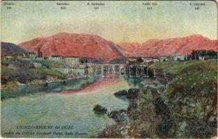 1916 Isonzo Brücke bei Görz, rechts die Görzer Vorstadt Puint, links Peuma. Oslavia, Sabotino, S. Valentino, Veliki Vrh, S. Gabriele. M. Munk (Wien) / WWI Austro-Hungarian K.u.K. military art postcard + " M. kir. 30/VI. népfk. gyal. zászlj. parancsnoksága" (kopott sarkak / worn corners)