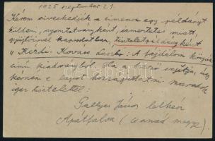 1925 Gallyas János lekész (Apátfalva) autográf sorai Légrády Testvérek kiadóhoz, amelyben tiszteletp...
