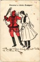 1914 Üdvözlet a Vörös Ördögtől! Humoros grafikai lap, huszár krampusz / Krampus hussar (EB)