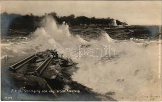 Auf der Verfolgung von englischen Kreuzern / WWI German Navy (Kaiserliche Marine) art postcard s: Claus Bergen