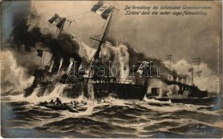 Vernichtung des italienischen Torpedozerstörers "Turbine" durch eine österr.-ungar. Flottenabteilung K.u.K. Kriegsmarine / WWI Austro-Hungarian Navy art postcard, battleships sink the Italian "Turbine" torpedo destroyer s: Alex Kircher (EK)
