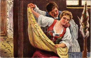 1912 Magyar népviseletbe öltözött pár. B.K.W.I. 291-1. / Hungarian folklore art postcard s: Dussek (kopott sarkak / worn corners)