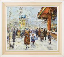Bényi Éva (1955-): Fényes kirakatok előtt. Olaj, farost, jelzett, fakeretben, 50×60 cm
