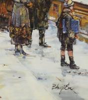 Bényi Éva (1955-): Fényes kirakatok előtt. Olaj, farost, jelzett, fakeretben, 50×60 cm