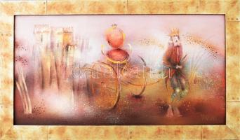 Várkonyi János (1947-): A bukott király. Olaj, farost. Jelzett. A hátoldalán autográf felirattal. Fakeretben, 40×75 cm