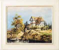 Nagy Attila (1929-2004): Vízparti életkép. Olaj, fatábla, jelzett, hátoldalán címkén feliratozott, fakeretben, 40×50 cm