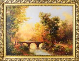 Orbán Csilla (1961-): Lányok erdőben. Olaj, farost, jelzett, hátoldalán címkén feliratozott, dekoratív fakeretben, 60×80 cm