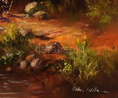 Orbán Csilla (1961-): Lányok erdőben. Olaj, farost, jelzett, hátoldalán címkén feliratozott, dekorat...