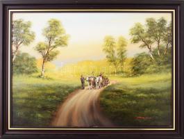 Pankotai Sándor (1959-): Hazafelé. Olaj, farost, jelzett. Dekoratív fakeretben. 50×70 cm.