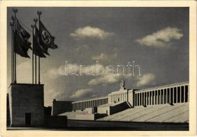 Nürnberg, Reichsparteiaggelände, Zeppelinfeld, Ehrentribüne, Verlag Georg Michel / Nazi grandstand, swastika flag (EK)