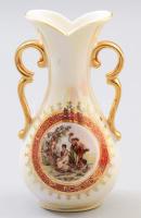 Zsánerjelenetes irizáló kisváza, jelzett, m: 13,5 cm