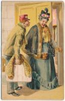 Humoros kinyitható litho képeslap hűtlen házaspárokkal / Humorous folding litho art postcard with cheating husband and wife (r)