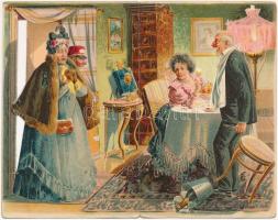 Humoros kinyitható litho képeslap hűtlen házaspárokkal / Humorous folding litho art postcard with ch...