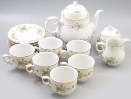 Hollóházi Erika mintás teás készlet. Jelzett, minimális pattogzással, teljes.