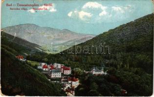 1918 Trencsénteplic-fürdő, Kúpele Trencianske Teplice, Bad Trencsénteplic; Baracska völgy / Tal. Verlag Wertheim Zsigmond / general view, spa, valley (szakadás / tear)
