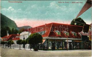 Trencsénteplic, Trencianske Teplice; Attila ház és posta, Muskáth Miksa, Ondreicska Fábián és Gyem. Elemér Budapestről üzlete. Ondreicska Fábián kiadása / shops, post office