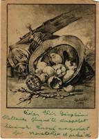 Húsvéti üdvözlet. Kiadja a M. Kir. Honvéd Haditudósító Osztály Parancsnoksága. Tábori Postai Levelezőlap / WWII Hungarian military field postcard, Easter greeting s: Markó Lajos (EM)