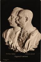 1914 Egyesült erővel. II. Vilmos császár, I. Ferenc József. Jaray Sándor szobrász alkotása / WWI German and Austro-Hungarian K.u.K. military, Viribus Unitis propaganda with Wilhelm II and Franz Joseph I of Austria. Sandor Jaray sculpst. (EB)