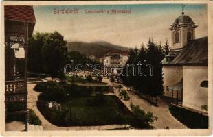 Bártfa, Bártfafürdő, Bártfagyógyfürdő, Bardejovské Kúpele, Bardiov, Bardejov; Templomtér a főforrással. Eschwig és Hajts kiadása, Hajts Kornél felvétele / hotel, spa, church, square, spring source (fl)