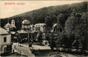 Bártfa, Bártfafürdő, Bártfagyógyfürdő, Bardejovské Kúpele, Bardiov, Bardejov; Főforrástér, Eschwig üzlete. Eschwig és Hajts kiadása, Hajts Kornél felvétele / hotel, spa, church, square, spring source, shop
