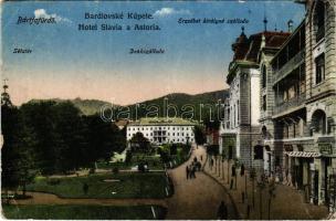 1923 Bártfa, Bártfafürdő, Bártfagyógyfürdő, Bardejovské Kúpele, Bardiov, Bardejov; Hotel Slavia a Astoria / Erzsébet királyné szálloda, sétatér, Deák szálloda, Werther üzlete. Fürdőigazgatóság kiadása / hotel, promenade, shop (EK)