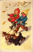 1951 Children art postcard with dogs. Rekord (EK)