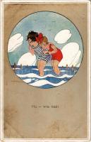 1921 Hu - wie kalt! / Children art postcard, beach. Neue Meister Nr. 285. s: Chicky Spark (EB)