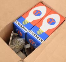 Egy doboznyi régi Tungsram villanyszerelési kellék és izzók, használatlanok