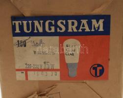 Egy doboznyi régi Tungsram villanyszerelési kellék és izzók, használatlanok