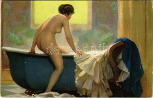 Das Bad / Erotic nude lady, taking a bath. Stengel s: René Prinet (fa)