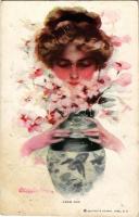 1912 "From Him" Lady art postcard. Reinthal &amp; Newman No. 214. s: Philip Boileau (lyukak / pinholes)