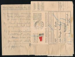1950 Csomagszállító Kiskunfélegyházáról Budapestre 3 kg hurkáról 3Ft bérmentesítéssel, melyet 25 db Centenárium 12f bélyeggel róttak le egy hozzáragasztott belkezelési nyomtatvány darabon, hátoldalán sztahanovista vállalások vannak felsorolva. Érdekes darab!!