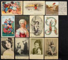 1.580 db 1945 előtti motívum és üdvözlő képes lap, változatos anyag nagy dobozban benne hölgyek, párok, gyerekek, karácsony, húsvét, művész és művészeti, humor, állatok stb. érdemes megnézni!!
