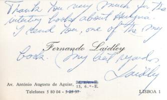 Laidley, Fernando:  Aventure africaine. Premier tour d'Afrique en automobile. Traduit du portugais par Jean Haupt. (Dedikált.) Paris, [1959]. Éditions Atlantide (Imprimerie A. Leclerc et Cie). 215 + [5] p. + 6 t. (kétoldalas). Első francia kiadás. Dedikált: "To Mr Julius Szabó, with the best regands of the author, Fernando Laidley. Lisboa, 15/5/962." A portugál utazó, kalandor és közhíresség, Laidley Fernando (1917-2010) 1955 és 1956 során elsőként autózta körbe Afrikát, és öregbítette az ilyen megpróbáltatásokra egyáltalán nem felkészített bogárhátú Volkswagen hírnevét. Olvasmányos stílusban készült, néprajzi elemekben, gyarmati kommentárokban és vadászati kalandokban egyaránt bővelkedő útírása az utolsó gyarmati éveket örökíti meg, a transzafrikai kalandot többségében a szerző által készített fényképek kísérik. A beszámoló előtt az utazás egész oldalas térképe. A fejezetek végén a gyarmati Afrika témájában készült grafikák. Példányunkban elhelyezve a mű feliratozott, ajánló zárszalagja, illetve a szerző további saját kezű dedikálása feliratozott névjegykártyáján: "Thank You very much for the interesting book about Africa. I send you one of my book. My best regards, Laidley." Fűzve, színes, illusztrált kiadói borítóban. Jó példány.