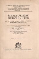 Északi-osztják medveénekek. Adalékok az obi-ugor népek medvekultuszához. Saját gyűjtése és Reguly Antal hagyományai alapján feldolgozta Pápay József. Pápay József nyelvészeti hagyatékából sajtó alá rendezte Fazekas Jenő. Budapest, 1934. Királyi Magyar Egyetemi Nyomda. LII + 142 p. A nyelvrokonaink medvekultuszáról írt néprajzi-nyelvészeti tanulmány és a magyar fordítással kísért osztják medveénekek közlése előtt Pápay József (1873-1931) finnugrista, néprajzkutató nyelvészeti munkásságának bibliográfiája. (A Debreceni Tisza István Tudományos Társaság I. Osztályának kiadványai. V. kötet, 9. füzet.) Fűzve, feliratozott kiadói borítóban. Körülvágatlan, jó példány.