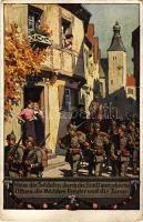 1915 Wenn die Soldaten durch die Stadt marschieren, Öffnen die Mädchen Fenster und die Türen. Verein für das Deutschrum im Ausland E.V. "Unsere Feldgrauen" Soldatenliederpostkarte No. 2. von Paul Hey (EK)