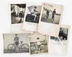 cca 1950/60, 6 darab kerékpározással kapcsolatos fotó, folttal, 9,5x6,5 cm alatt