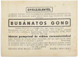 Humoros gyászjelentés, meghívó a Szent József Egyházközség Munkásosztályának ünnepségére, folttal, 11,5x15,5 cm