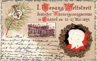 1899 (Vorläufer) I. Gesang-Wettstreit deutscher Männergesangvereine in Cassel am 25-27. Mai 1899, Orangerie Schloss. Art Nouveau embossed litho