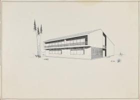 cca 1960-1980 Épület látványterve, nyomat, papír, jelzés nélkül, kisebb lapszéli szakadásokkal, 30,5x43 cm