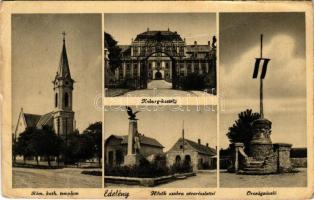 1941 Edelény, Koburg kastély, Római katolikus templom, Hősök szobra, emlékmű, utca, Országzászló (EB)