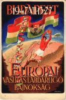 1947 Budapest, Európai Vasutas Labdarúgó Bajnokság. Vasutas Sport Központ. Klösz, foci / Football Championship of European Railway Workers advertisement card s: Molnár Jenő (EB)