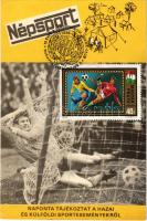 Naponta tájékoztat a hazai és külföldi sporteseményekről. Népsport modern reklámlapja, futball, foci / Hungarian daily sports newspaper advertising card, football + "1974 75 éves a Ferencvárosi Torna Club" So. Stpl. (fl)