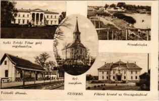 Gyömrő, széki Teleki Tibor gróf kastélya, strand, Református templom, Tófürdő vasúti megállóhely (megszűnt), vasútállomás, Főbírói hivatal az Országzászlóval (EK)