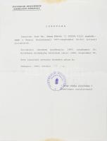 1992 Honvédelmi Minisztérium igazolása Dr. Janza Károly vezérőrnagy szolgálati idejéről.
