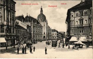 Budapest IX. Üllői út az Iparművészeti Múzeummal, Valéria kávéház, villamos, üzletek. Divald Károly műintézete 111-1908.