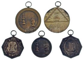 1930-1939. 5db-os sakk díjérem-tétel, közte ezüstözött T:XF,VF patina