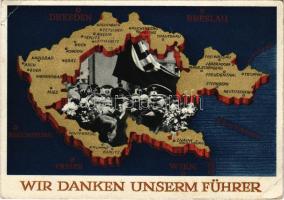 1939 Wir danken unserm Führer / NSDAP German Nazi Party propaganda, Adolf Hitler, Konrad Henlein, map of the Czech Republic, swastika. 6 Ga (EK)