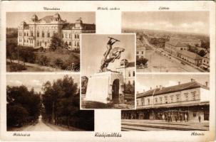1949 Kisújszállás, Városháza, Hősök szobra, látkép, Rákóczi út, vasútállomás (fa)